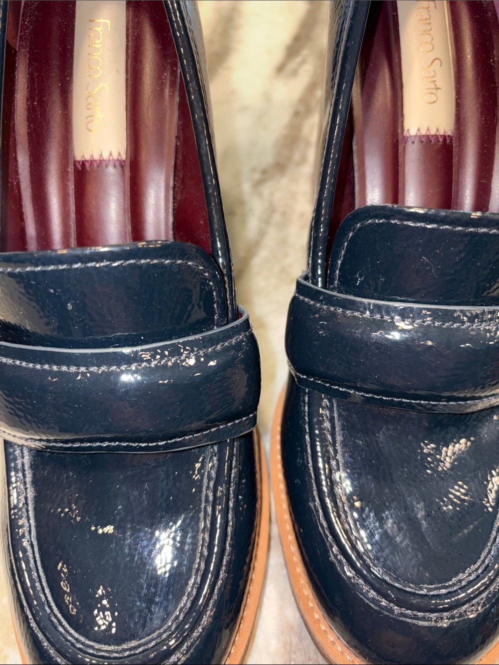 Franco Sarto Navy Patent Leather Block Heel Loafers - Picture 6 of 9